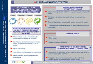 www.bouregreg.com                                                                                 ►PLAN D’AMENAGEMENT SPECIAL

                                                          SPÉCIFICITÉS DU PLAN                                                                    URBANISATION EQUILIBREE ET
                                                                                                                                                   DEVELOPPEMENT DURABLE
                                                       D’AMÉNAGEMENT SPÉCIAL DE
                                                        LA VALLÉE DU BOUREGREG                                       ► Urbanisme respectant le patrimoine paysager et hydraulique de la
                                                                                                                          vallée
                                                    Transport     Mémoire du lieu   Citoyenneté      Environnement

                                                                                                                     ► Architecture tenant compte du climat local et des matériaux
                                                                                                                          durables

                                                                                                                     ► Toitures végétalisées et assurant la gestion des eaux de pluies
       DE LA VALLEE DU BOUREGREG
       PROJET D’AMENAGEMENT ET DE MSIE EN VALEUR




                                                                                                                     ► Optimisation des déplacements par un réseau de transport public
                                                                                                                          multimodal
                                                        SOUPLESSE DES RÈGLES D’UTILISATION
                                                         DE SOL ET FLEXIBILITÉ DES USAGES
                                                        POUR UNE MAÎTRISE DE LA QUALITÉ DU
                                                                    CADRE BÂTI                                                                         COHESION SOCIALE

                                                   ► Choix entre la hauteur maximale ou le                            ► Mixité sociale
                                                         coefficient d’occupation du sol (COS)

                                                   ► Liberté dans l’implantation des commerces                        ► Équipements socio-éducatifs
                                                         et des équipements à l’intérieur d’un lot
                                                         urbain
                                                                                                                                            PERRENISATION ET REHABILITATION DU
                                                   ► Mixité des usages                                                                    PATRIMOINE HISTORIQUE ET ARCHEOLOGIQUE

                                                   ► Orientations architecturales non restrictives                    ► Sauvegarde du patrimoine par une réglementation appropriée et
                                                                                                                           par une restauration soignée
                                                   ► Développement urbain permettant des
                                                         adaptations                                                  ► Intégration des axes et des cônes de vue des bâtiments
                                                                                                                           historique dans la composition des projets urbains
                    15
                                                                                                  COMITE DE SUIVI – ETAT D’AVANCEMENT ET BUDGET                                 OCTOBRE 2008
 