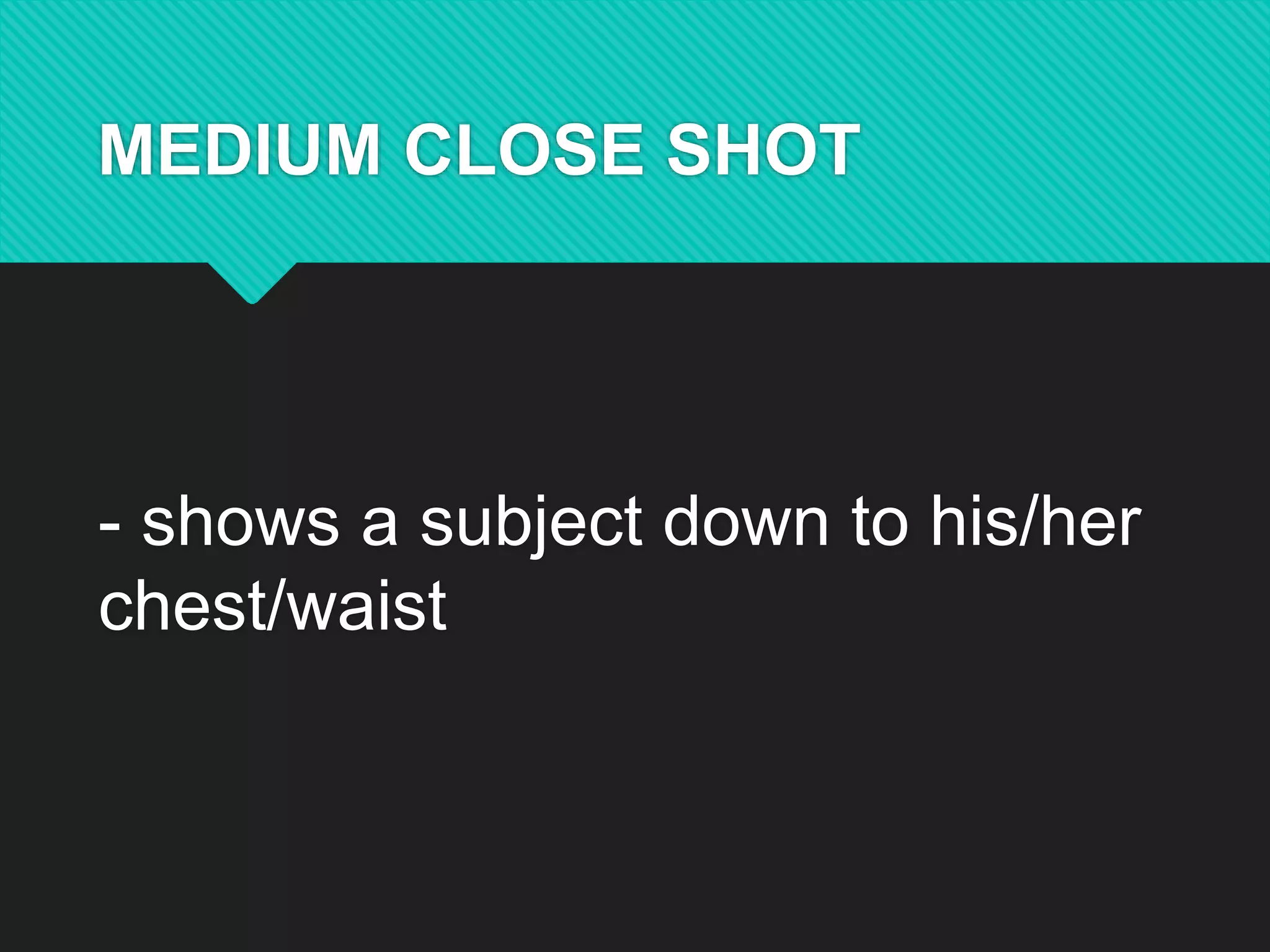 MEDIUM CLOSE SHOT
- shows a subject down to his/her
chest/waist
 