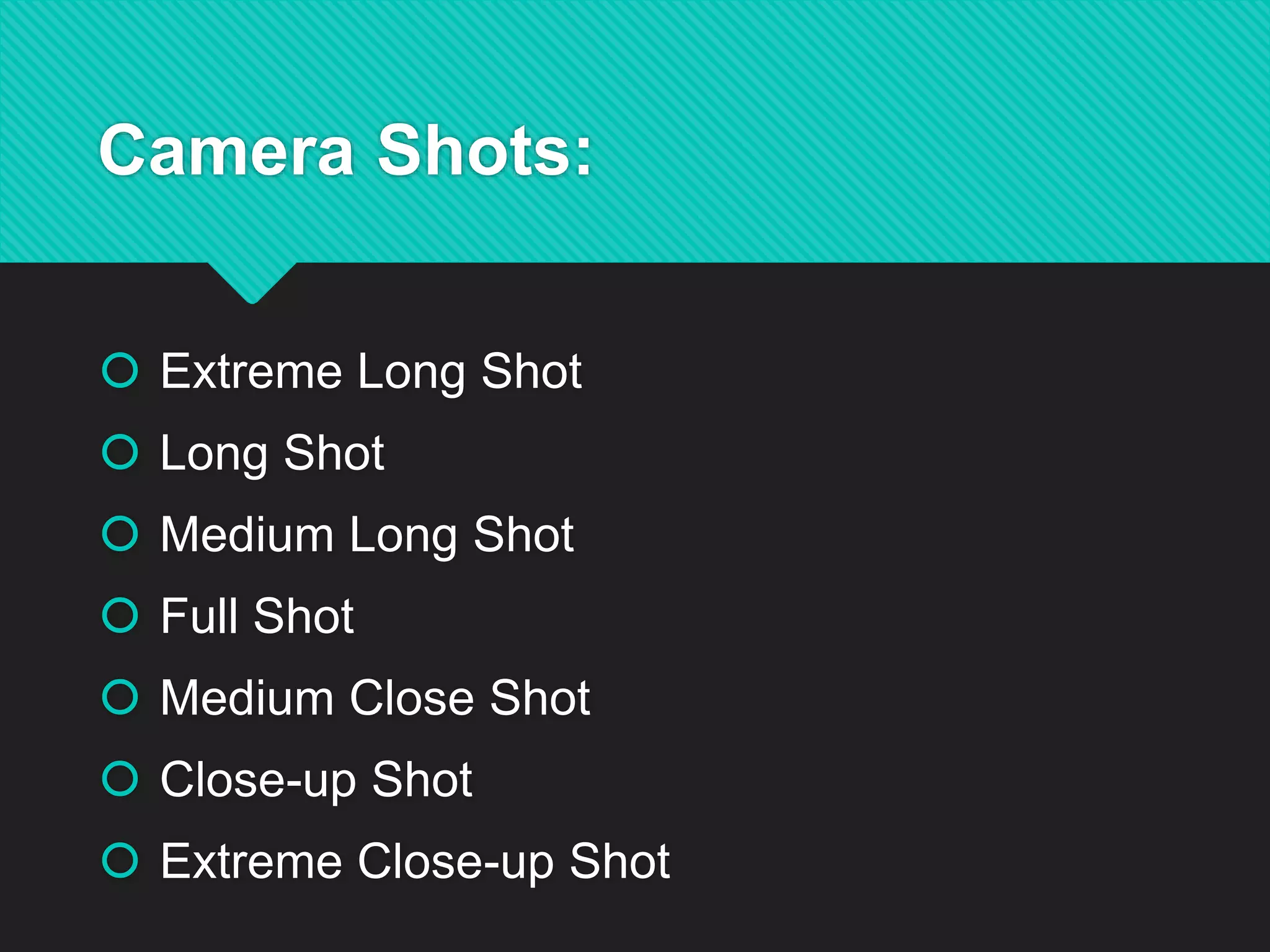 Camera Shots:
 Extreme Long Shot
 Long Shot
 Medium Long Shot
 Full Shot
 Medium Close Shot
 Close-up Shot
 Extreme Close-up Shot
 