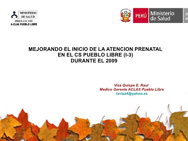 MEJORANDO EL INICIO DE LA ATENCION PRENATAL  EN EL CS PUEBLO LIBRE (I-3)  DURANTE EL 2009  Viza Quispe E. Raul  Medico Ger...