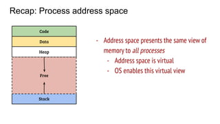 Recap: Process address space
Code
Data
Stack
Heap
Free
- Address space presents the same view of
memory to all processes
- Address space is virtual
- OS enables this virtual view
 