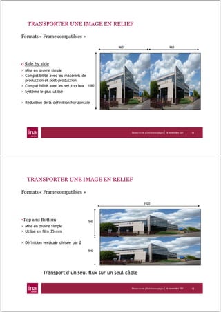TRANSPORTER UNE IMAGE EN RELIEF

Formats « Frame compatibles »

                                              960                                   960




o Side by side
> Mise en œuvre simple
> Compatibilité avec les matériels de
  production et post-production.
> Compatibilité avec les set-top box 1080
> Système le plus utilisé

> Réduction de la définition horizontale




                                                                               |
                                                    Mesur es en 3D stéréoscopique 16 novembre 2011   11




   TRANSPORTER UNE IMAGE EN RELIEF

Formats « Frame compatibles »

                                                              1920




•Top and Bottom                        540
> Mise en œuvre simple
> Utilisé en film 35 mm

> Définition verticale divisée par 2

                                       540




             Transport d’un seul flux sur un seul câble

                                                                               |
                                                    Mesur es en 3D stéréoscopique 16 novembre 2011   12
 