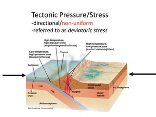 Tectonic Pressure/Stress
-directional/non-uniform
-referred to as deviatoric stress
 