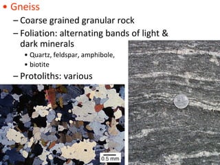 • Gneiss
– Coarse grained granular rock
– Foliation: alternating bands of light &
dark minerals
• Quartz, feldspar, amphibole,
• biotite
– Protoliths: various
 
