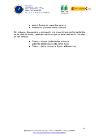 12
12NUEVAS CAPACIDADES PARA UNA NUEVA CIUDADANÍA Y BUEN GOBIERNO
www.nuevascapacidadesparaunaciudadaniaglobal.es
NUEVAS
CAPACIDADES PARA
UNA CIUDADANÍA
GLOBAL Y BUEN GOBIERNO
 Verano lluvioso de noviembre a marzo.
 Invierno frío y seco de mayo a octubre.
Sin embargo, de acuerdo a la información oral proporcionada por los habitantes
de la zona de estudio, podemos confirmar que las estaciones están divididas
en tres tiempos:
 El tiempo lluvioso (de Diciembre a Marzo).
 El tiempo de las heladas (de Abril a Julio).
 El tiempo de los vientos (de Agosto a Noviembre).
 