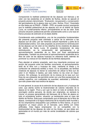 14
14NUEVAS CAPACIDADES PARA UNA NUEVA CIUDADANÍA Y BUEN GOBIERNO
www.nuevascapacidadesparaunaciudadaniaglobal.es
NUEVAS
CAPACIDADES PARA
UNA CIUDADANÍA
GLOBAL Y BUEN GOBIERNO
Comparando la realidad poblacional de las alpacas suri blancas y de
color con las existentes en el distrito de Nuñoa, donde se ejecutó el
proyecto pionero denominado: “Evaluación, recuperación y conservación
del germoplasma de la alpaca raza suri color, Nuñoa, Puno”, financiado
en dos fases por el PNUD – FMAM – PPD, se puede concluir precisando
que la realidad poblacional de las alpacas suri en el distrito de Santa
Lucia, es numéricamente inferior, principalmente en las de color. Esta
precaria situación poblacional permite caracterizarla como a una raza en
franco proceso de extinción en el citado distrito
Considerando esta problemática, uno de los propósitos fundamentales
del presente proyecto está orientado a salvar de la extinción a las
alpacas suri de color, por ser herencia cultural importante y parte de la
biodiversidad andina. Con este propósito se promoverá la reintroducción
de las alpacas suri de color en los rebaños de los criadores de alpacas
del distrito de Santa Lucia. El propósito fundamental de esta
reintroducción, es la conservación del germoplasma y el
aprovechamiento sostenible de su fibra con fines estrictamente
artesanales. También se promoverá al aprovechamiento sostenible de la
fibra de color de las alpacas huacaya en artesanía textil, además de
promover su crianza en los rebaños de las familias alpaqueras.
Para atender el anterior propósito, será muy importante promover por
acción del proyecto entre las familias comuneras, el aprovechamiento
textil de la fibra suri y huacaya de color, mediante el hilado y la
confección de artesanías textiles a mano. En la actualidad, las familias
criadoras de alpacas no tienen la costumbre de utilizar la fibra suri de
color ni en hilados ni tejidos, por este motivo no las crían en mayor
número. Sin embargo, la promoción de la crianza de la raza suri con
fines de uso artesanal, les permitirá contar con una fibra excepcional, de
calidad superfina, con cualidades de suavidad, sedosidad y brillantez,
que sólo posee esta raza exótica de alpaca.
A nivel general, la causa de la extinción de las alpacas suri y huacaya de
color, que atenta contra la biodiversidad de colores naturales de la
alpaca en la región Puno y por qué no decir en todo el contexto de la
ecorregión andina peruana, de donde son originarias, es siempre la
misma: el proceso generalizado del blanqueo de la fibra de alpaca en
todo el ecosistema andino, situación ya esclarecida para el caso del
distrito de Nuñoa. Está pues comprobado que el blanqueo de la fibra de
alpaca, corresponde a la lógica tradicional de la industria textil mundial y
de los empresarios arequipeños que prefieren la fibra blanca, al que le
asignaron un mayor precio en el mercado, para teñirla con tintes
artificiales. Esta lógica empresarial, no es compatible con la
biodiversidad de las alpacas de color en los Andes, ya que éstas son
apreciadas en el mundo por más de veinte tonalidades de colores que
poseen.
 