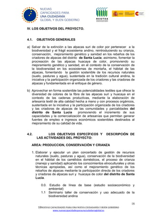 18
18NUEVAS CAPACIDADES PARA UNA NUEVA CIUDADANÍA Y BUEN GOBIERNO
www.nuevascapacidadesparaunaciudadaniaglobal.es
NUEVAS
CAPACIDADES PARA
UNA CIUDADANÍA
GLOBAL Y BUEN GOBIERNO
IV. LOS OBJETIVOS DEL PROYECTO.
4.1. OBJETIVOS GENERALES
a) Salvar de la extinción a las alpacas suri de color por pertenecer a la
biodiversidad y el frágil ecosistema andino, reintroduciendo su crianza,
conservación, mejoramiento genético y sanidad en los rebaños de los
criadores de alpacas del distrito de Santa Lucia; asimismo, fomentar la
procreación de las alpacas huacaya de color, promoviendo su
mejoramiento genético y sanidad, en el contexto de la conservación de
la biodiversidad en los ecosistemas de montaña, el hábitat de las
alpacas, fomentando la gestión sostenible de los recursos naturales
(suelo, pasturas y agua), sustentada en la tradición cultural andina, la
iniciativa y la participación organizada de los criadores y las criadoras de
alpacas y fundamentada en el enfoque de género.
b) Aprovechar en forma sostenible las potencialidades textiles que ofrece la
diversidad de colores de la fibra de las alpacas suri y huacaya en el
contexto de las cadenas productivas, mediante la elaboración de
artesanía textil de alta calidad hecha a mano y con procesos orgánicos,
sustentada en la iniciativa y la participación organizada de los criadores
y las criadoras de alpacas de las comunidades y parcialidades del
distrito de Santa Lucia promoviendo el incremento de sus
capacidades y la comercialización de artesanías que permitan generar
fuentes de empleo e ingresos económicos sostenibles destinados al
mejoramiento de su calidad de vida.
4.2. LOS OBJETIVOS ESPECÍFICOS Y DESCRIPCIÓN DE
LAS ACTIVIDADES DEL PROYECTO:
AREA: PRODUCCION, CONSERVACIÓN Y CRIANZA
1. Elaborar y ejecutar un plan concertado de gestión de recursos
naturales (suelo, pasturas y agua), conservación de la biodiversidad
en el hábitat de los camélidos domésticos, el proceso de crianza
(manejo y sanidad) aplicando los conocimientos etnoculturales y otras
técnicas apropiadas, así como el mejoramiento genético de los
rebaños de alpacas mediante la participación directa de los criadores
y criadoras de alpacas suri y huacaya de color del distrito de Santa
Lucia.
0.0. Estudio de línea de base (estudio socioeconómico y
ambiental)
1.1 Seminario taller de conservación y uso adecuado de la
biodiversidad andina
 