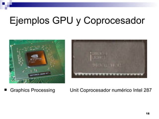 Ejemplos GPU y Coprocesador




   Graphics Processing   Unit Coprocesador numérico Intel 287



                                                           18
 