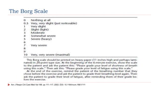 The Borg Scale
Am J Respir Crit Care Med Vol 166. pp 111–117, 2002. DOI: 10.1164/rccm.166/1/111
 
