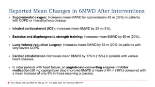 Reported Mean Changes in 6MWD After Interventions
 Supplemental oxygen: Increases mean 6MWD by approximately 83 m (36%) in patients
with COPD or interstitial lung disease.
 Inhaled corticosteroid (ICS): Increases mean 6MWD by 33 m (8%).
 Exercise and diaphragmatic strength training: Increases mean 6MWD by 50 m (20%).
 Lung volume reduction surgery: Increases mean 6MWD by 55 m (20%) in patients with
very severe COPD.
 Cardiac rehabilitation: Increases mean 6MWD by 170 m (15%) in patients with various
heart diseases.
 In older patients with heart failure, an angiotensin-converting enzyme inhibitor
medication (50 mg captopril per day) improved 6MWD a mean of 64 m (39%) compared with
a mean increase of only 8% in those receiving a placebo.
Am J Respir Crit Care Med Vol 166. pp 111–117, 2002. DOI: 10.1164/rccm.166/1/111
 