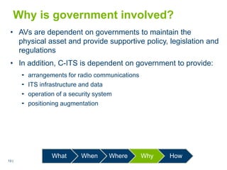 13 |13 |
Why is government involved?
• AVs are dependent on governments to maintain the
physical asset and provide supportive policy, legislation and
regulations
• In addition, C-ITS is dependent on government to provide:
 arrangements for radio communications
 ITS infrastructure and data
 operation of a security system
 positioning augmentation
What When Where Why How
 