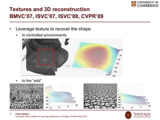 Fabio Galasso
Computer Vision e Machine Learning; Applicazioni e Sviluppi | 5 November 2019
11
Textures and 3D reconstruction
BMVC’07, ISVC’07, ISVC’08, CVPR’09
• Leverage texture to recover the shape
In controlled environments
In the “wild”
 