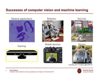 Fabio Galasso
Computer Vision e Machine Learning; Applicazioni e Sviluppi | 5 November 2019
2
Successes of computer vision and machine learning
Courtesy of A. Torralba, @ICVSS’18
 