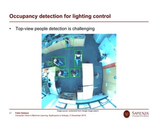 Fabio Galasso
Computer Vision e Machine Learning; Applicazioni e Sviluppi | 5 November 2019
21
Occupancy detection for lighting control
• Top-view people detection is challenging
Image source: screenshot from Google image search
 