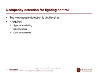 Fabio Galasso
Computer Vision e Machine Learning; Applicazioni e Sviluppi | 5 November 2019
22
Occupancy detection for lighting control
• Top-view people detection is challenging
• It requires
Specific modelling
Specific data
Data annotations
Image source: screenshot from Google image search
 