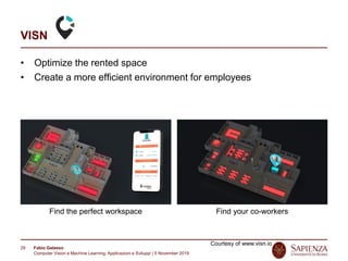 Fabio Galasso
Computer Vision e Machine Learning; Applicazioni e Sviluppi | 5 November 2019
29
VISN
• Optimize the rented space
• Create a more efficient environment for employees
Find the perfect workspace Find your co-workers
Courtesy of www.visn.io
 