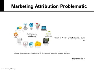 Marketing Attribution Problematic

michel.bruley@teradata.co
m

Extract from various presentations: RPM Direct, Kevin Hillstrom, Teradata Aster, …

September 2012

www.decideo.fr/bruley

 