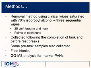 Methods… Removal method using clinical wipes saturated with 70% isopropyl alcohol – three sequential wipes 25 cm 2  forearm and neck Palms of each hand Collected following the completion of task and before rest breaks Some pre-task samples also collected Filed blanks GG-MS analysis for marker PAHs  
