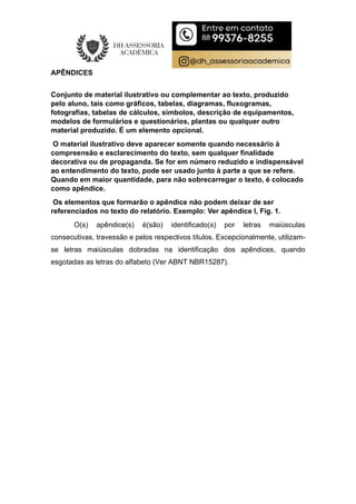APÊNDICES
Conjunto de material ilustrativo ou complementar ao texto, produzido
pelo aluno, tais como gráficos, tabelas, diagramas, fluxogramas,
fotografias, tabelas de cálculos, símbolos, descrição de equipamentos,
modelos de formulários e questionários, plantas ou qualquer outro
material produzido. É um elemento opcional.
O material ilustrativo deve aparecer somente quando necessário à
compreensão e esclarecimento do texto, sem qualquer finalidade
decorativa ou de propaganda. Se for em número reduzido e indispensável
ao entendimento do texto, pode ser usado junto à parte a que se refere.
Quando em maior quantidade, para não sobrecarregar o texto, é colocado
como apêndice.
Os elementos que formarão o apêndice não podem deixar de ser
referenciados no texto do relatório. Exemplo: Ver apêndice I, Fig. 1.
O(s) apêndice(s) é(são) identificado(s) por letras maiúsculas
consecutivas, travessão e pelos respectivos títulos. Excepcionalmente, utilizam-
se letras maiúsculas dobradas na identificação dos apêndices, quando
esgotadas as letras do alfabeto (Ver ABNT NBR15287).
 