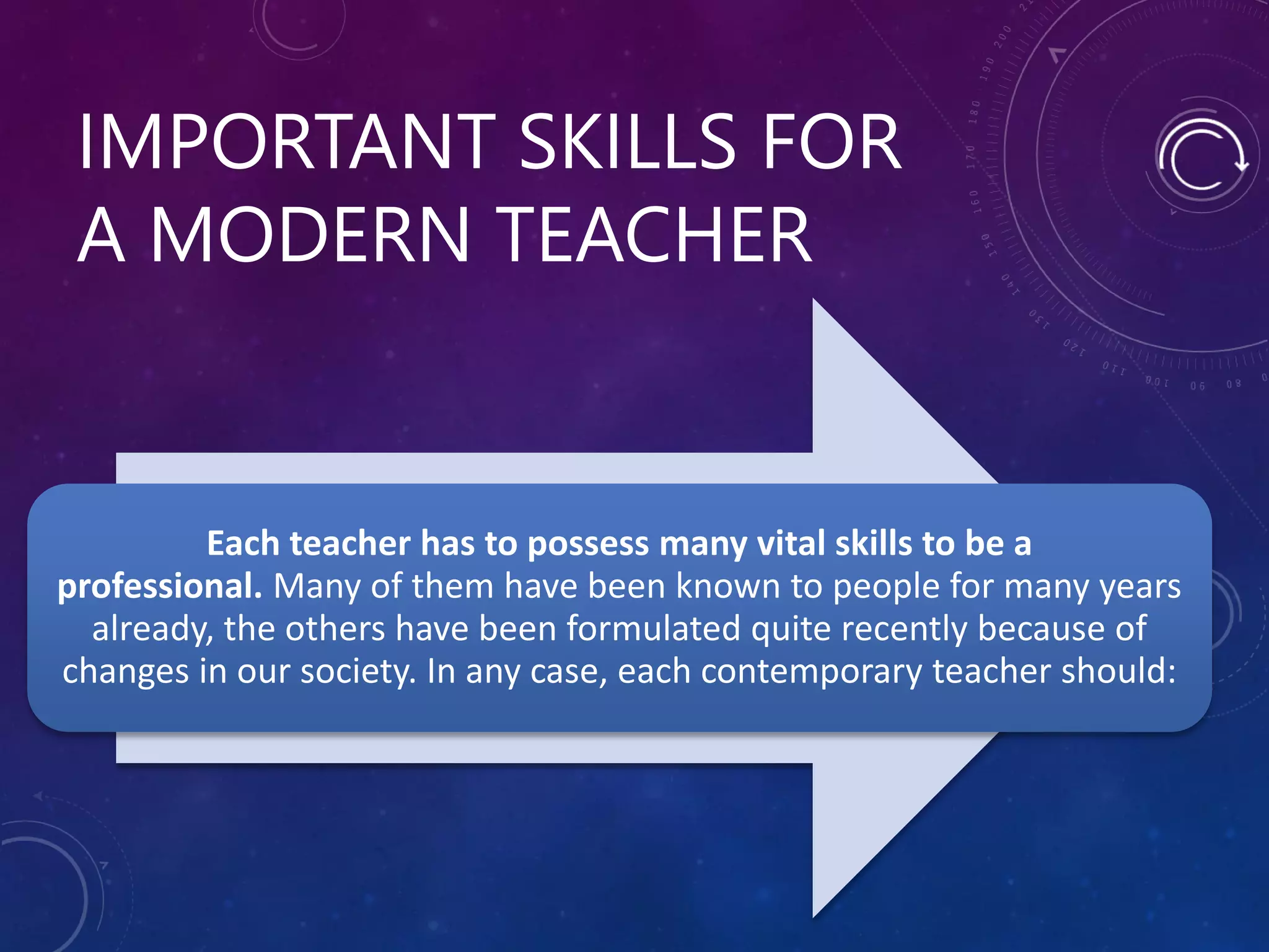 IMPORTANT SKILLS FOR
A MODERN TEACHER
Each teacher has to possess many vital skills to be a
professional. Many of them have been known to people for many years
already, the others have been formulated quite recently because of
changes in our society. In any case, each contemporary teacher should:
 