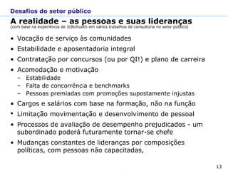 13José Luiz Bichuetti
A realidade – as pessoas e suas lideranças
(com base na experiência de JLBichuetti em vários trabalhos de consultoria no setor público)
• Vocação de serviço às comunidades
• Estabilidade e aposentadoria integral
• Contratação por concursos (ou por QI!) e plano de carreira
• Acomodação e motivação
– Estabilidade
– Falta de concorrência e benchmarks
– Pessoas premiadas com promoções supostamente injustas
• Cargos e salários com base na formação, não na função
• Limitação movimentação e desenvolvimento de pessoal
• Processos de avaliação de desempenho prejudicados - um
subordinado poderá futuramente tornar-se chefe
• Mudanças constantes de lideranças por composições
políticas, com pessoas não capacitadas,
Desafios do setor público
 