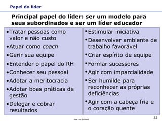 22José Luiz Bichuetti
Papel do líder
•Tratar pessoas como
valor e não custo
•Atuar como coach
•Gerir sua equipe
•Entender o papel do RH
•Conhecer seu pessoal
•Adotar a meritocracia
•Adotar boas práticas de
gestão
•Delegar e cobrar
resultados
Principal papel do líder: ser um modelo para
seus subordinados e ser um líder educador
•Estimular iniciativa
•Desenvolver ambiente de
trabalho favorável
•Criar espírito de equipe
•Formar sucessores
•Agir com imparcialidade
•Ser humilde para
reconhecer as próprias
deficiências
•Agir com a cabeça fria e
o coração quente
 