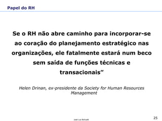 25José Luiz Bichuetti
Se o RH não abre caminho para incorporar-se
ao coração do planejamento estratégico nas
organizações, ele fatalmente estará num beco
sem saída de funções técnicas e
transacionais”
Helen Drinan, ex-presidente da Society for Human Resources
Management
Papel do RH
 