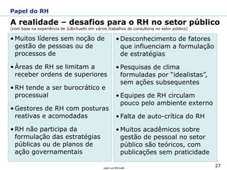 27José Luiz Bichuetti
A realidade – desafios para o RH no setor público
(com base na experiência de JLBichuetti em vários trabalhos de consultoria no setor público)
• Muitos líderes sem noção de
gestão de pessoas ou de
processos de
• Áreas de RH se limitam a
receber ordens de superiores
• RH tende a ser burocrático e
processual
• Gestores de RH com posturas
reativas e acomodadas
• RH não participa da
formulação das estratégias
públicas ou de planos de
ação governamentais
Papel do RH
• Desconhecimento de fatores
que influenciam a formulação
de estratégias
• Pesquisas de clima
formuladas por “idealistas”,
sem ações subsequentes
• Equipes de RH circulam
pouco pelo ambiente externo
• Falta de auto-crítica do RH
• Muitos acadêmicos sobre
gestão de pessoal no setor
público são teóricos, com
publicações sem praticidade
 
