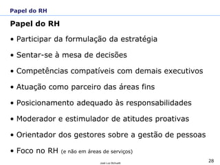 28José Luiz Bichuetti
Papel do RH
• Participar da formulação da estratégia
• Sentar-se à mesa de decisões
• Competências compatíveis com demais executivos
• Atuação como parceiro das áreas fins
• Posicionamento adequado às responsabilidades
• Moderador e estimulador de atitudes proativas
• Orientador dos gestores sobre a gestão de pessoas
• Foco no RH (e não em áreas de serviços)
Papel do RH
 