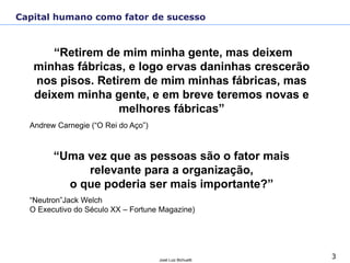 3José Luiz Bichuetti
Capital humano como fator de sucesso
“Retirem de mim minha gente, mas deixem
minhas fábricas, e logo ervas daninhas crescerão
nos pisos. Retirem de mim minhas fábricas, mas
deixem minha gente, e em breve teremos novas e
melhores fábricas”
Andrew Carnegie (“O Rei do Aço”)
“Uma vez que as pessoas são o fator mais
relevante para a organização,
o que poderia ser mais importante?”
“Neutron”Jack Welch
O Executivo do Século XX – Fortune Magazine)
 