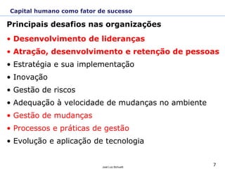 7José Luiz Bichuetti
Principais desafios nas organizações
• Desenvolvimento de lideranças
• Atração, desenvolvimento e retenção de pessoas
• Estratégia e sua implementação
• Inovação
• Gestão de riscos
• Adequação à velocidade de mudanças no ambiente
• Gestão de mudanças
• Processos e práticas de gestão
• Evolução e aplicação de tecnologia
Capital humano como fator de sucesso
 