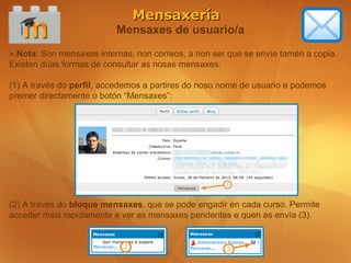 Mensaxería
                          Mensaxes de usuario/a
» Nota: Son mensaxes internas, non correos, a non ser que se envíe tamén a copia.
Existen dúas formas de consultar as nosas mensaxes:

(1) A través do perfil, accedemos a partires do noso nome de usuario e podemos
premer directamente o botón “Mensaxes”:




(2) A través do bloque mensaxes, que se pode engadir en cada curso. Permite
acceder máis rapidamente e ver as mensaxes pendentes e quen as envía (3).
 