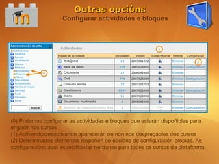 Outras opcións
                    Configurar actividades e bloques




(0) Podemos configurar as actividades e bloques que estarán dispoñibles para
engadir nos cursos
(1) Activando/desactivando aparecerán ou non nos despregables dos cursos
(2) Determinados elementos dispoñen de opcións de configuración propias. As
configuracións aquí especificadas hérdanse para todos os cursos da plataforma.
 
