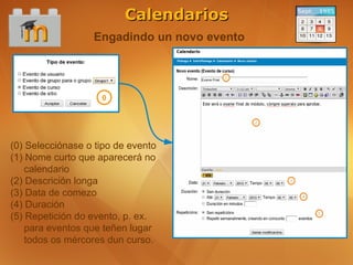 Calendarios
                  Engadindo un novo evento




                    0




(0) Selecciónase o tipo de evento
(1) Nome curto que aparecerá no
    calendario
(2) Descrición longa
(3) Data de comezo
(4) Duración
(5) Repetición do evento, p. ex.
    para eventos que teñen lugar
    todos os mércores dun curso.
 
