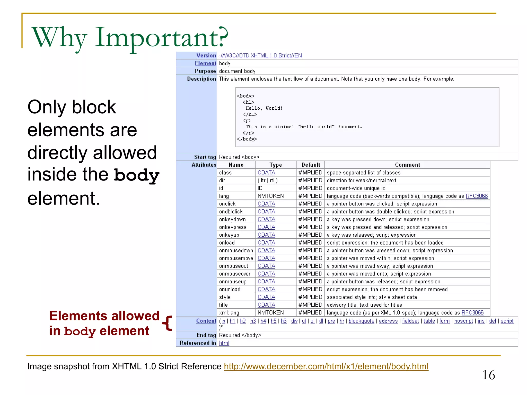 16 Why Important? Elements allowed in body element Only block elements are directly allowed inside the body element. Image snapshot from XHTML 1.0 Strict Reference http://www.december.com/html/x1/element/body.html 