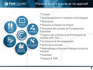 Présents sur tout le cycle de vie applicatif


   •  Conseil
   • Accompagnement à l’adoption technologique
   •  Formations
   •  Direction et Gestion de Projets
   • Animation des Centres de Compétences/
   Expertises
   •  Gestion des indicateurs de Performance et
   Qualités (KPI, SLA…)
   • Architecture & Développement
   •  Socle Documentaire
   •  Méthodologie et Bonnes Pratiques suivant le
   domaine
   •  Expertise
   •  Support & TMA

                                                    3
 