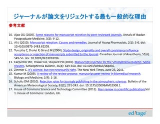 ジャーナルが論文をリジェクトする最も一般的な理由
参考文献

10. Ajao OG (2005). Some reasons for manuscript rejection by peer-reviewed journals. Annals of Ibadan
    Postgraduate Medicine, 3(2): 9-12.
11. Ali J (2010). Manuscript rejection: Causes and remedies. Journal of Young Pharmacists, 2(1): 3-6. doi:
    10.4103/0975-1483.62205.
12. Turcotte C, Drolet P, Girard M (2004). Study design, originality and overall consistency influence
    acceptance or rejection of manuscripts submitted to the Journal. Canadian Journal of Anesthesia, 51(6):
    549-56. doi: 10.1007/BF03018396.
13. Carpenter WT, Thaker GK, Shepard PD (2010). Manuscript rejection for the Schizophrenia Bulletin: Some
    reasons. Schizophrenia Bulletin, 36(4): 649-650. doi: 10.1093/schbul/sbq056.
14. Zimmer C. It’s science, but not necessarily right. The New York Times. June 25, 2011.
15. Kumar M (2009). A review of the review process: manuscript peer-review in biomedical research.
    Biology and Medicine, 1(4): 1-16.
16. Schultz DM (2010). Rejection rates for journals publishing in the atmospheric sciences. Bulletin of the
    American Meteorological Society, 91(2), 231-243. doi: 10.1175/2009BAMS2908.1.
17. House of Commons Science and Technology Committee (2011). Peer review in scientific publicationsVol
    1. House of Commons: London, UK.
 