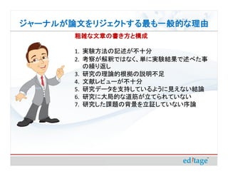 ジャーナルが論文をリジェクトする最も一般的な理由
       粗雑な文章の書き方と構成

       1. 実験方法の記述が不十分
       2. 考察が解釈ではなく、単に実験結果で述べた事
          の繰り返し
       3. 研究の理論的根拠の説明不足
       4. 文献レビューが不十分
       5. 研究データを支持しているように見えない結論
       6. 研究に大局的な道筋が立てられていない
       7. 研究した課題の背景を立証していない序論
 