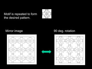 Motif is repeated to form
the desired pattern.

Mirror image

90 deg. rotation

 