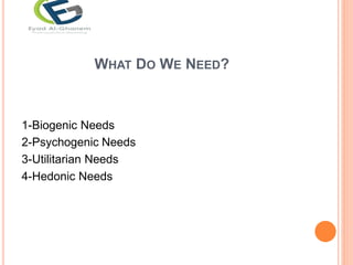 WHAT DO WE NEED?
1-Biogenic Needs
Needs
2-Psychogenic
3-Utilitarian Needs
4-Hedonic Needs
 