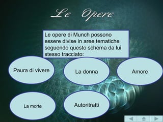 Le opere di Munch possono
               essere divise in aree tematiche
               seguendo questo schema da lui
               stesso tracciato:

Paura di vivere            La donna              Amore




    La morte              Autoritratti
 