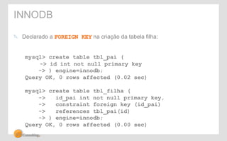 INNODB 
" Declarado a FOREIGN KEY na criação da tabela filha: 
mysql> create table tbl_pai ( 
-> id int not null primary key 
-> ) engine=innodb; 
Query OK, 0 rows affected (0.02 sec) 
mysql> create table tbl_filha ( 
-> id_pai int not null primary key, 
-> constraint foreign key (id_pai) 
-> references tbl_pai(id) 
-> ) engine=innodb; 
Query OK, 0 rows affected (0.00 sec) 
 