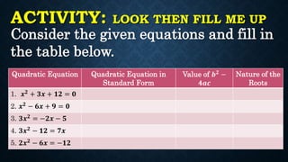 ACTIVITY: LOOK THEN FILL ME UP
Consider the given equations and fill in
the table below.
Quadratic Equation Quadratic Equation in
Standard Form
Value of 𝒃𝟐
−
𝟒𝒂𝒄
Nature of the
Roots
1. 𝒙𝟐 + 𝟑𝒙 + 𝟏𝟐 = 𝟎
2. 𝒙𝟐 − 𝟔𝒙 + 𝟗 = 𝟎
3. 𝟑𝒙𝟐 = −𝟐𝒙 − 𝟓
4. 𝟑𝒙𝟐 − 𝟏𝟐 = 𝟕𝒙
5. 𝟐𝒙𝟐 − 𝟔𝒙 = −𝟏𝟐