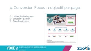 4. Conversion Focus : 1 objectif par page
▷  Utiliser des landing pages
▷  1 objectif = 1 action
▷  Gérer les attentes
 