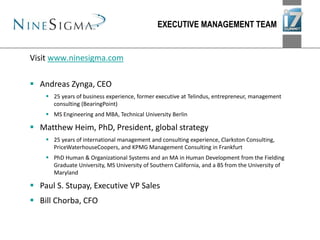 Visit www.ninesigma.com
 Andreas Zynga, CEO
 25 years of business experience, former executive at Telindus, entrepreneur, management
consulting (BearingPoint)
 MS Engineering and MBA, Technical University Berlin
 Matthew Heim, PhD, President, global strategy
 25 years of international management and consulting experience, Clarkston Consulting,
PriceWaterhouseCoopers, and KPMG Management Consulting in Frankfurt
 PhD Human & Organizational Systems and an MA in Human Development from the Fielding
Graduate University, MS University of Southern California, and a BS from the University of
Maryland
 Paul S. Stupay, Executive VP Sales
 Bill Chorba, CFO
EXECUTIVE MANAGEMENT TEAM
 