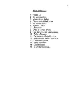 2


  Série André Luiz

1 - Nosso Lar
2 - Os Mensageiros
3 - Missionários da Luz
4 - Obreiros da Vida Eterna
5 - No Mundo Maior
6 - Agenda Cristã
7 - Libertação
8 - Entre a Terra e o Céu
9 - Nos Domínios da Mediunidade
10 - Ação e Reação
11 - Evolução em Dois Mundos
12 - Mecanismos da Mediunidade
13 - Conduta Espírita
14 - Sexo e Destino
15 - Desobsessão
16 - E a Vida Continua...
 