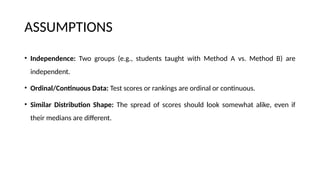 ASSUMPTIONS
• Independence: Two groups (e.g., students taught with Method A vs. Method B) are
independent.
• Ordinal/Continuous Data: Test scores or rankings are ordinal or continuous.
• Similar Distribution Shape: The spread of scores should look somewhat alike, even if
their medians are different.
 