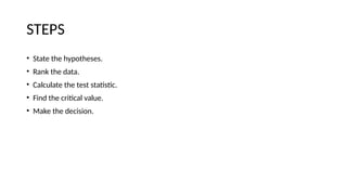 STEPS
• State the hypotheses.
• Rank the data.
• Calculate the test statistic.
• Find the critical value.
• Make the decision.
 