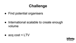 Challenge
● Find potential organisers
● International scalable to create enough
volume
● acq cost < LTV
DIY ticketing
 