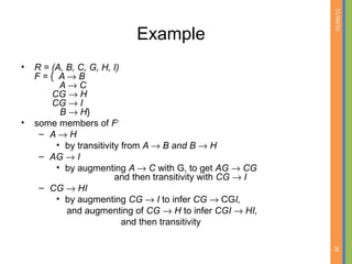 01/09/15
28
Example
• R = (A, B, C, G, H, I)
F = { A → B
A → C
CG → H
CG → I
B → H}
• some members of F+
– A → H
• by transitivity from A → B and B → H
– AG → I
• by augmenting A → C with G, to get AG → CG
and then transitivity with CG → I
– CG → HI
• by augmenting CG → I to infer CG → CGI,
and augmenting of CG → H to infer CGI → HI,
and then transitivity
 
